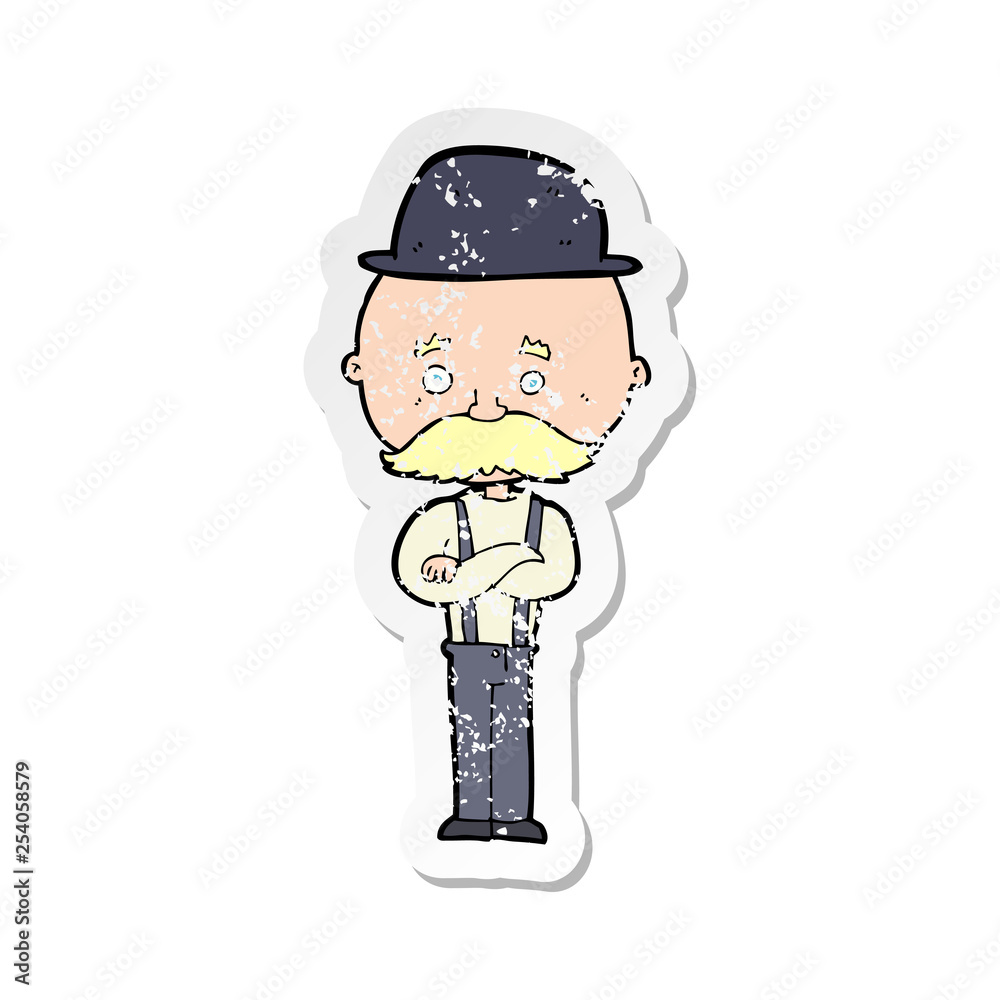 retro distressed sticker of a cartoon man wearing bowler hat retro distressed sticker of a cartoon man wearing bowler hat