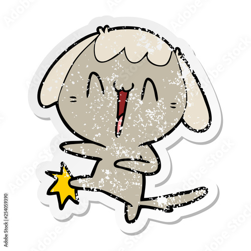 distressed sticker of a cartoon laughing dog kicking