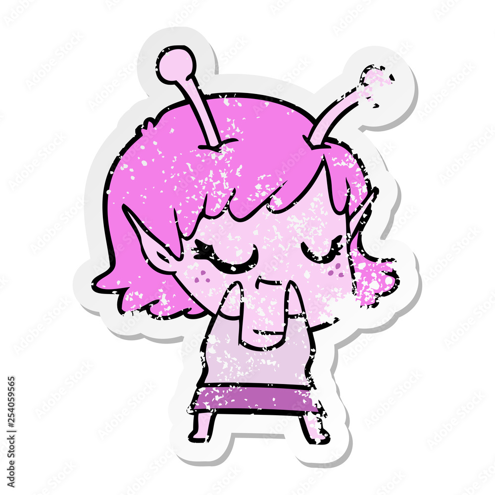 Fototapeta premium distressed sticker of a smiling alien girl cartoon