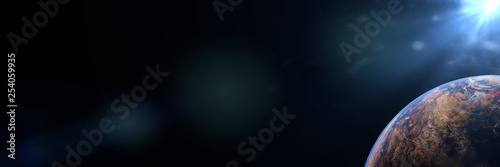 alien lava planet, sunrise over exoplanet (3d space illustration banner) photo