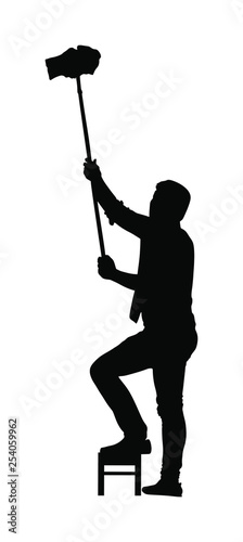 Washer washing windows on ladder vector silhouette illustration isolated on white background. Window cleaner working on a glass facade in a crane. Worker on high risk work cleaning glass.