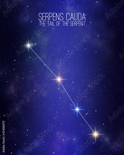 Serpens Cauda the tail of the serpent constellation on a starry space background with the names of its main stars. Relative sizes and different color shades based on the spectral star type. photo