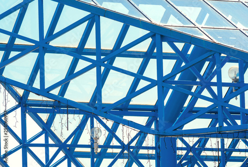 Blue Steel Construction Glass Roof. Architectural Building Large Entrance visor