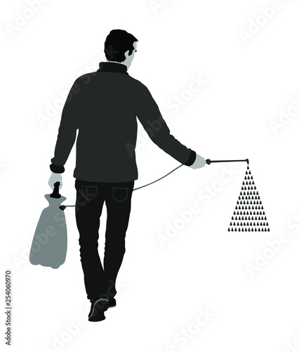 Gardener sprays pesticide vector illustration isolated. Farmer applying insecticide fertilizer to his vegetable using a sprayer.  Man watering plants and grass. Worker applying insecticide fertilizer.