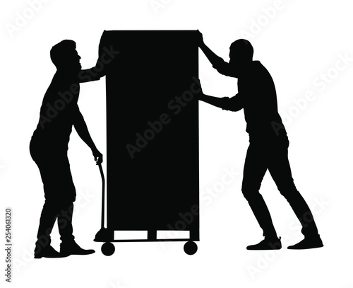 Hard workers pushing wheelbarrow and carry big box vector silhouette isolated on white. Delivery man moving package by cart. Service moving transport. Warehouse job activity.  Looting bailiff laborers