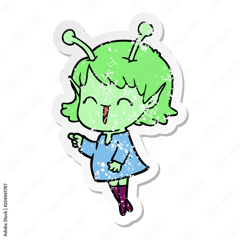 distressed sticker of a cartoon alien girl laughing distressed sticker of a cartoon alien girl laughing