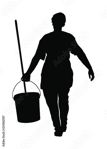 Floor care and cleaning services with washing mop in sterile factory or clean hospital. Cleaning lady service vector silhouette illustration. Communal worker clean garbage and trash from street.