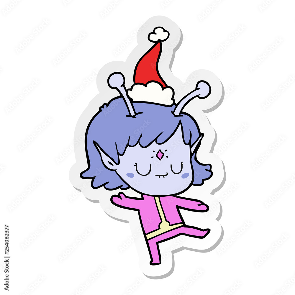 sticker cartoon of a alien girl wearing santa hat