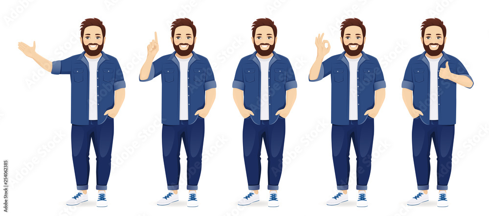 Handsome big man in casual clothes standing in different poses set isolated vector illustration - obrazy, fototapety, plakaty 