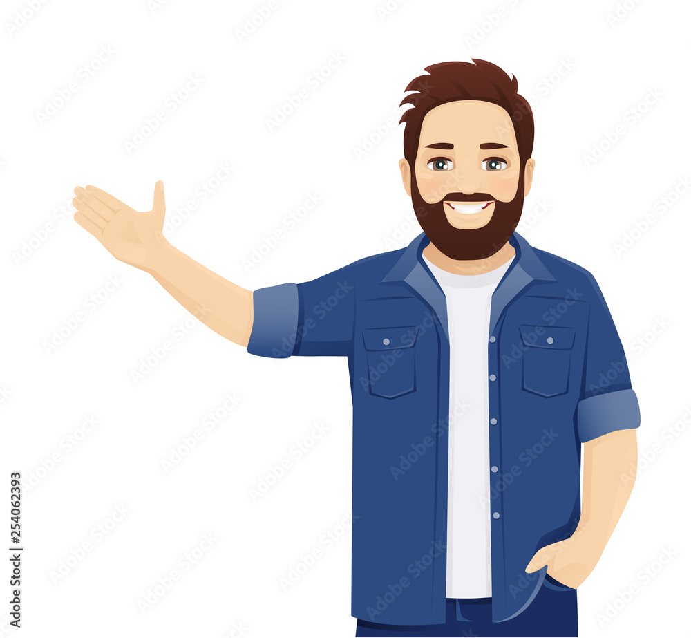 Handsome big man in casual clothes presenting something isolated vector illustration Handsome big man in casual clothes presenting something isolated vector illustration