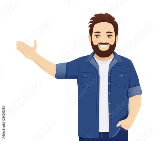 Handsome big man in casual clothes presenting something isolated vector illustration