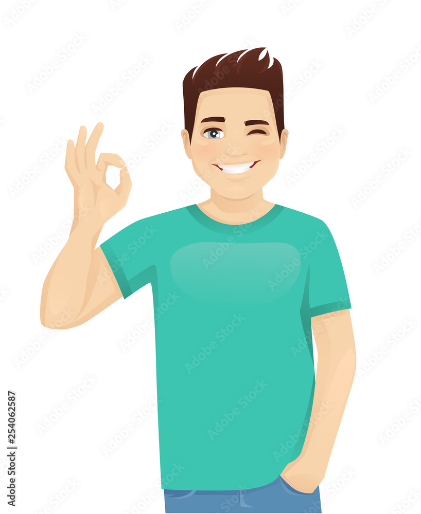 Young man in casual clothes gesturing ok sign isolated vector illustration Young man in casual clothes gesturing ok sign isolated vector illustration