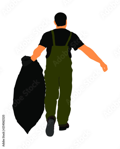 Gardener man with bag of leaves or garbage, trash, vector illustration. Landscaper hold a plastic bag with garbage. Backyard Garden Summer Clean Up. Laborer working outdoor. Hard worker with luggage.