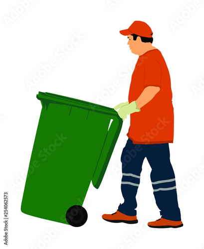 Worker with recycle bin collects leaves vector illustration isolated on white background. Cleaning street cleaner man. Communal Garbage collector. Landscaper outdoor activity. City sanitation.