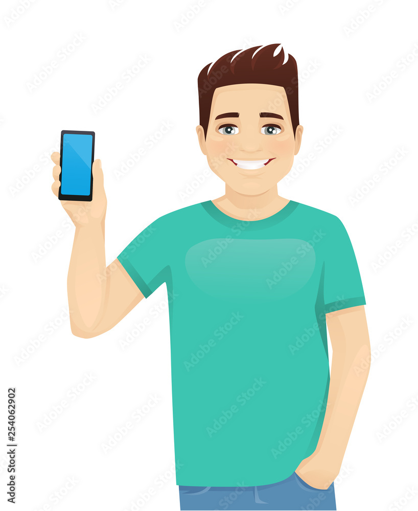 Young man in casual clothes holding phone witn blank screen isolated vector illustration Young man in casual clothes holding phone witn blank screen isolated vector illustration