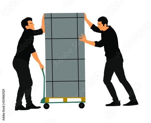 Hard workers pushing wheelbarrow and carry big box vector illustration isolated on white. Delivery man moving package by cart. Service moving transport. Warehouse job activity. Looting bailiff laborer