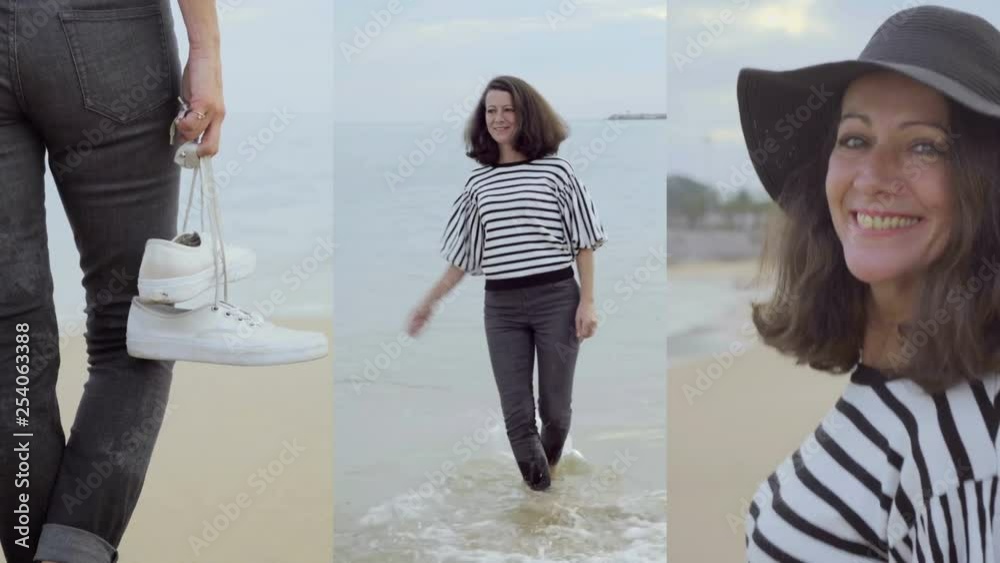 Collage of middle-aged Caucasian woman with dark curly hair in striped pullover, walking along seashore, playing with waves, looking at camera, smiling. Leisure, lifestyle concept