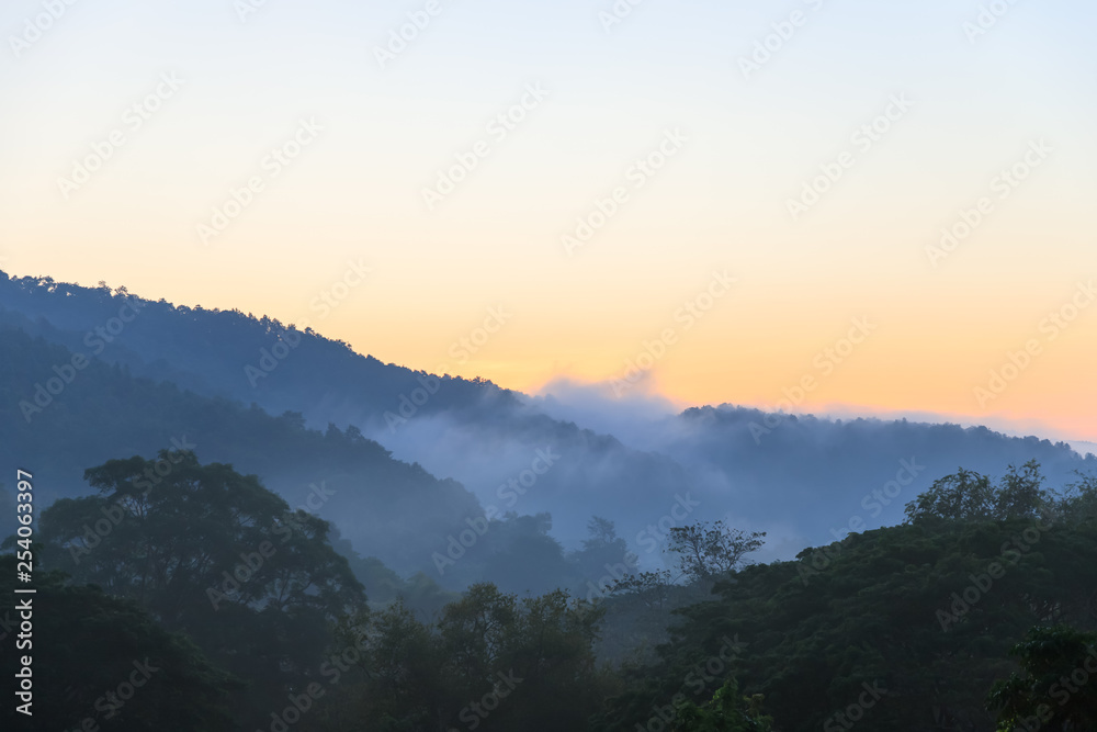 Tropical forest mountain with fog and mist in morning at Hang Dong district in Chiang Mai, Thailand