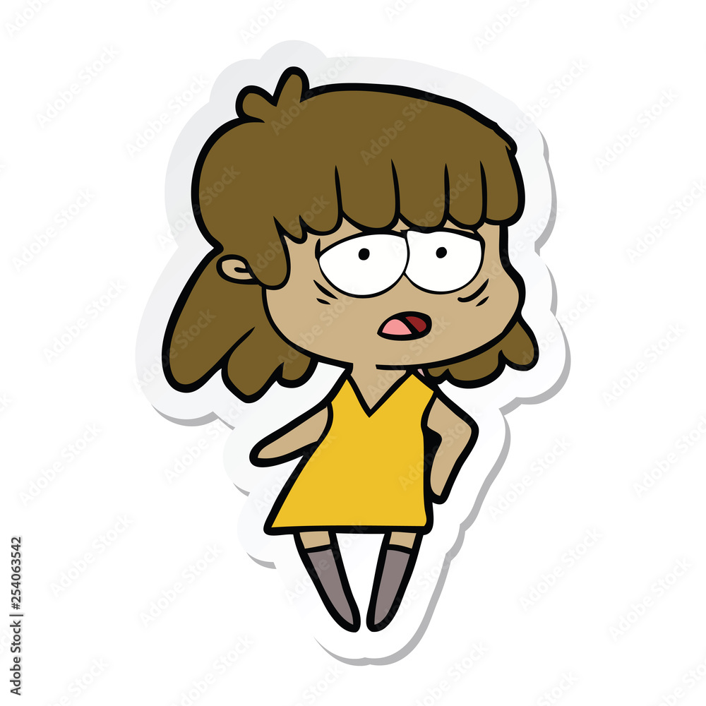 sticker of a cartoon tired woman sticker of a cartoon tired woman