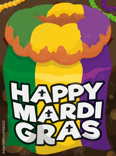 Commemorative Mardi Gras Flag and Delicious King's Cake, Vector Illustration