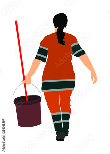 Housemaid cleaner vector illustration Isolated over white background. Cleaning lady. Floor care and cleaning services with washing mop in sterile factory or clean hospital. Cleaning service. 