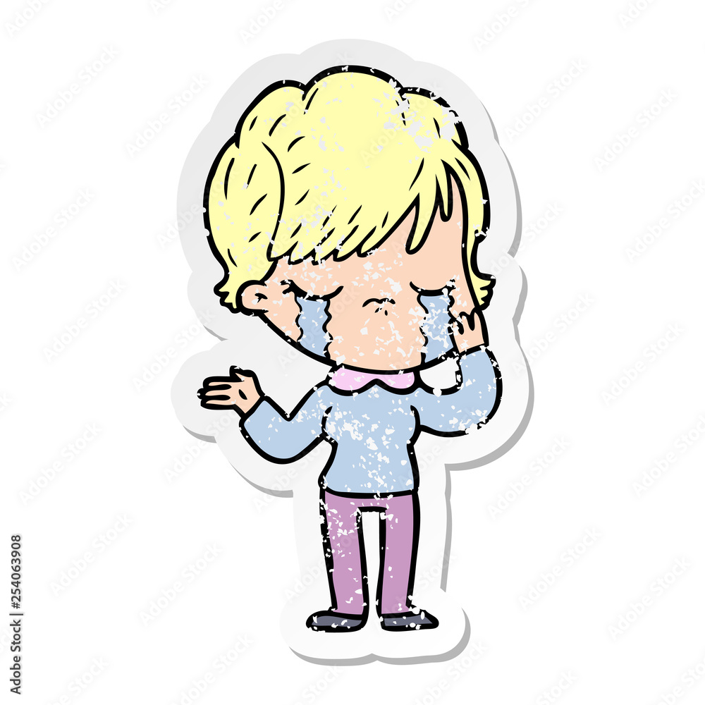 distressed sticker of a cartoon woman crying