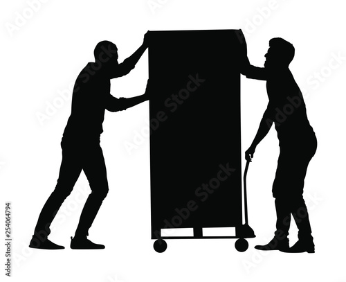 Hard workers pushing wheelbarrow and carry big box vector silhouette isolated on white. Delivery man moving package by cart. Service moving transport. Warehouse job activity.  Looting bailiff laborers