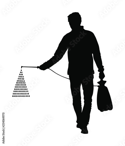 Gardener sprays pesticide vector silhouette isolated. Farmer applying insecticide fertilizer to his vegetable using a sprayer.  Man watering plants or grass. Worker applying insecticide fertilizer.