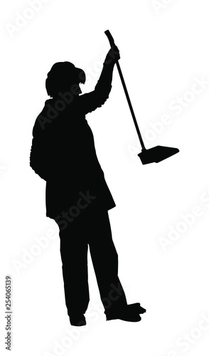 Cleaning lady wit broom. Housemaid cleaner with besom vector silhouette Isolated on white. Woman floor care service with washing mop in sterile factory or clean hospital. Housework job. House wife.
