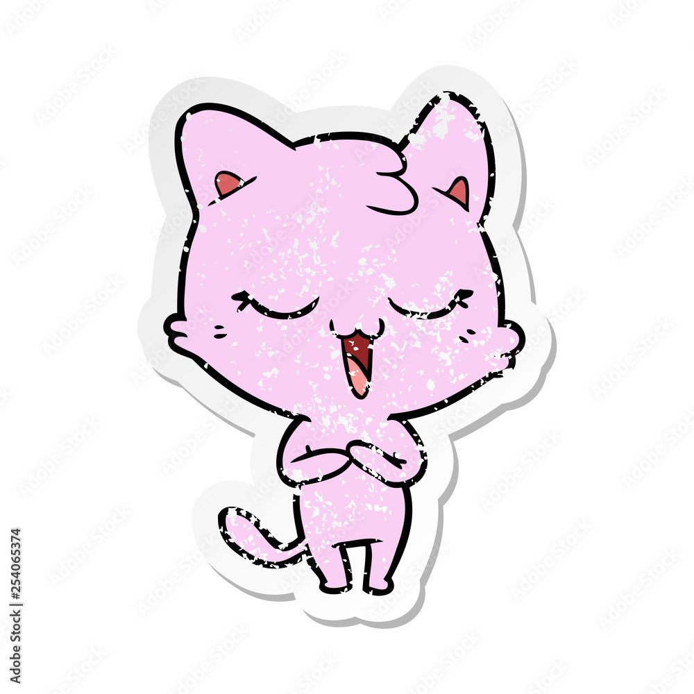 distressed sticker of a happy cartoon cat