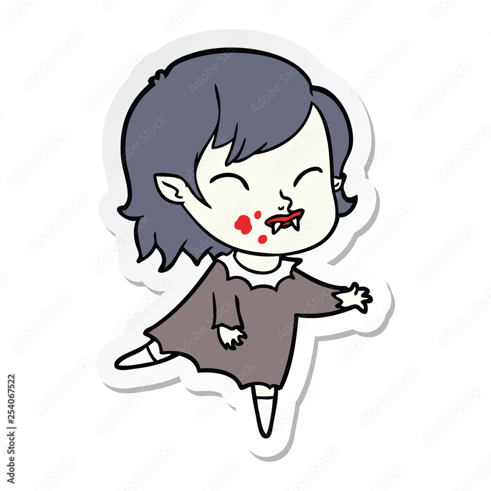 sticker of a cartoon vampire girl with blood on cheek sticker of a cartoon vampire girl with blood on cheek