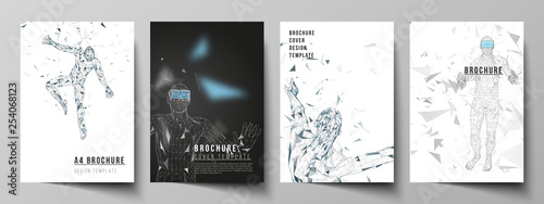 The vector layout of A4 format modern cover mockups design templates for brochure, magazine, flyer, booklet, annual report. Man with glasses of virtual reality. Abstract vr, future technology concept.
