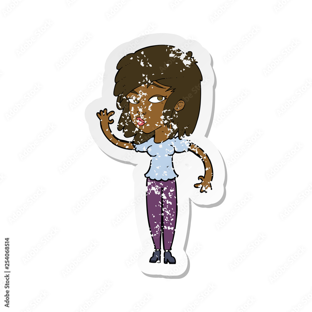 Fototapeta premium retro distressed sticker of a cartoon pretty woman waving
