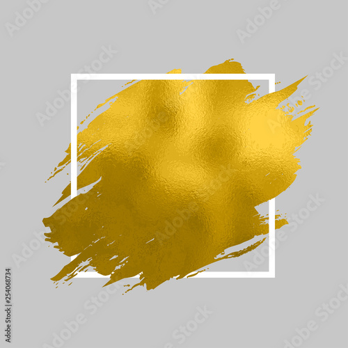 Gold paint in square. Brush strokes for the background of poster. Golden paint glittering textured illustration. Shine gold smear stain – vector