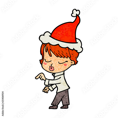 textured cartoon of a woman with eyes shut wearing santa hat