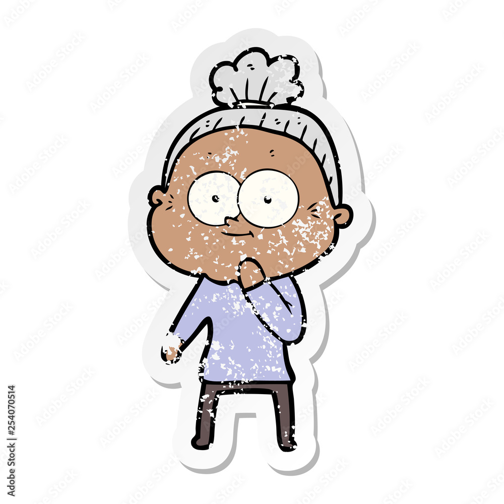 distressed sticker of a cartoon happy old woman distressed sticker of a cartoon happy old woman