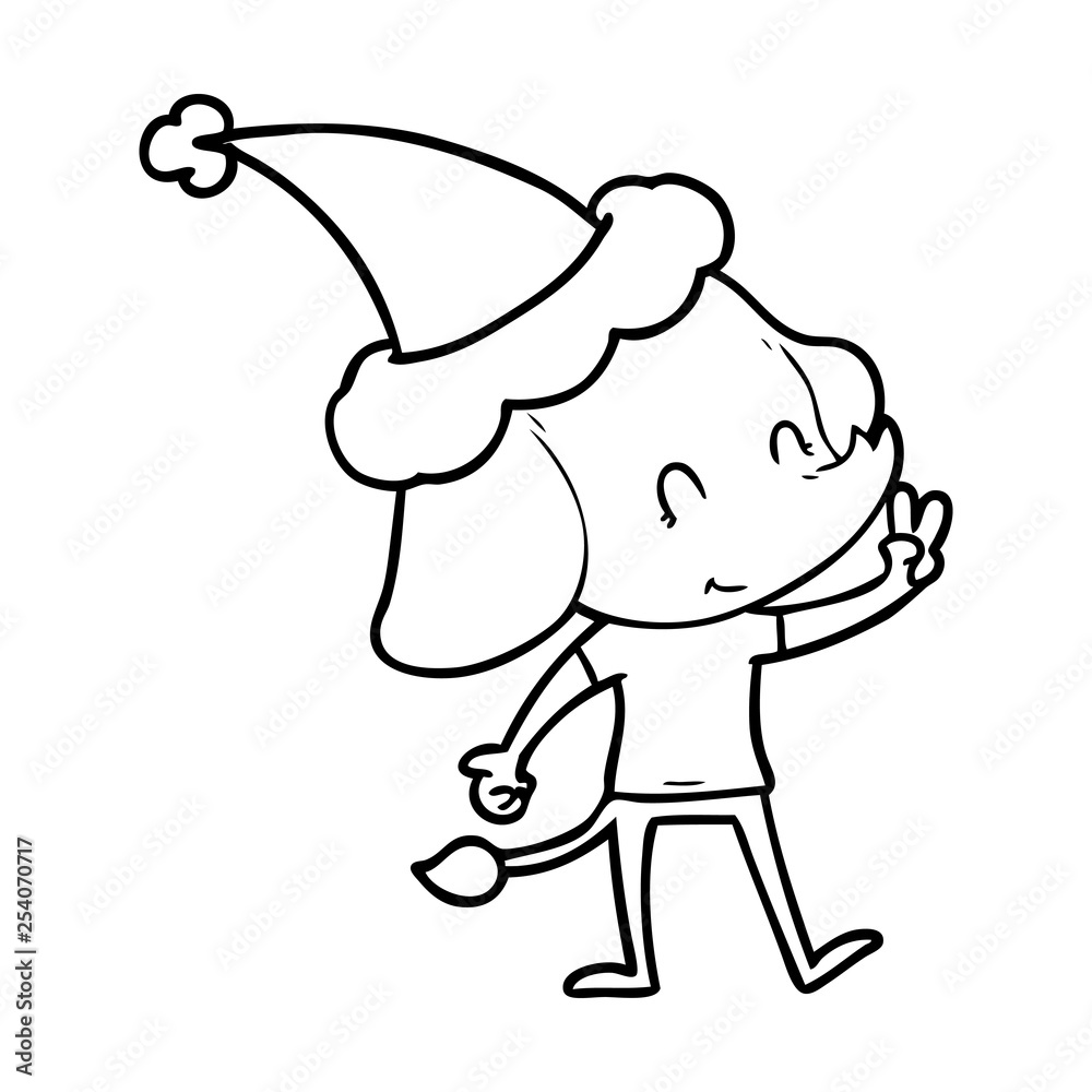 Fototapeta premium cute line drawing of a elephant wearing santa hat