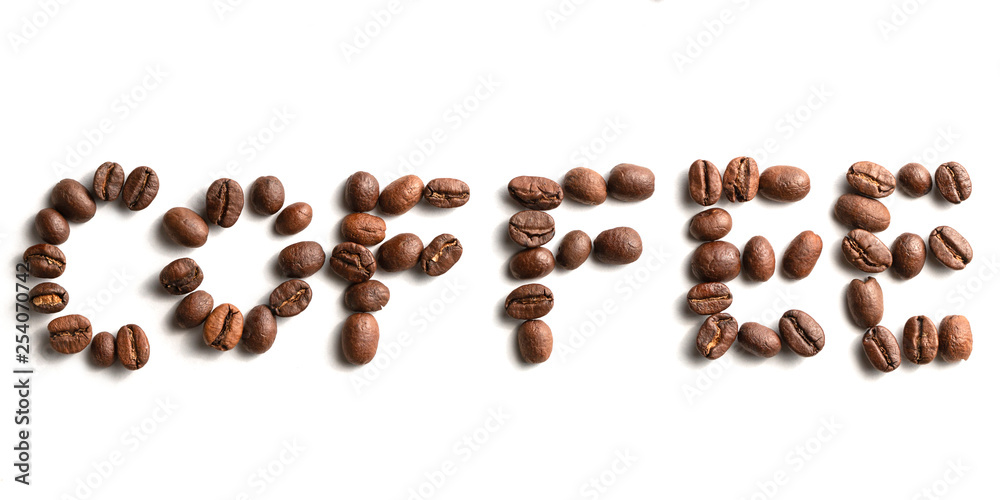 Coffee Beans arranged in letters spelling word Coffee. Coffee Background.  Coffee Bean Arrangement. Fresh Roasted Coffee. Cafe Food and Drink Close Up  isolated on white background. Stock Photo | Adobe Stock