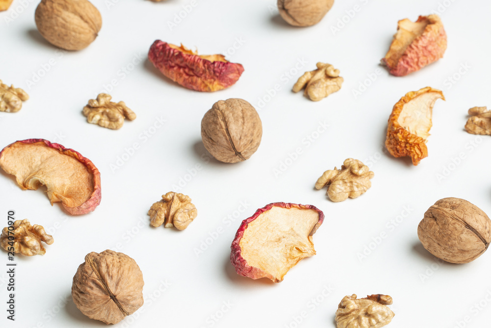 Composition of nuts pattern on white background Composition of nuts pattern on white background