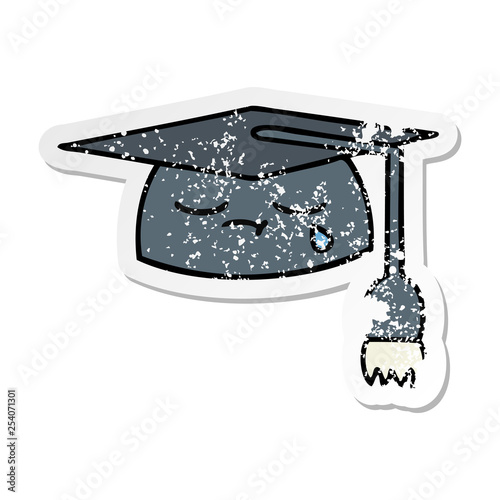 distressed sticker of a cute cartoon graduation hat