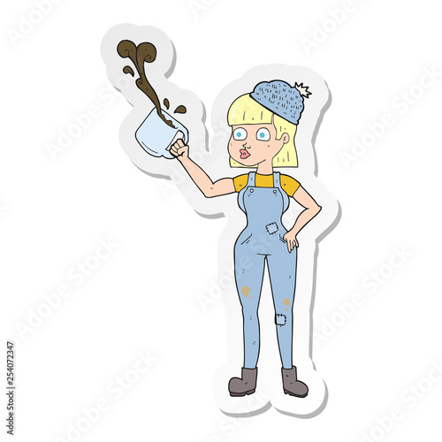 sticker of a cartoon female worker with coffee mug