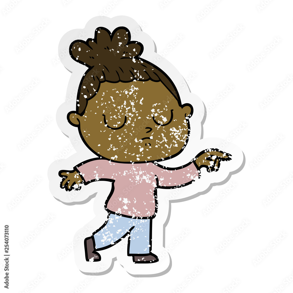 distressed sticker of a cartoon calm woman distressed sticker of a cartoon calm woman
