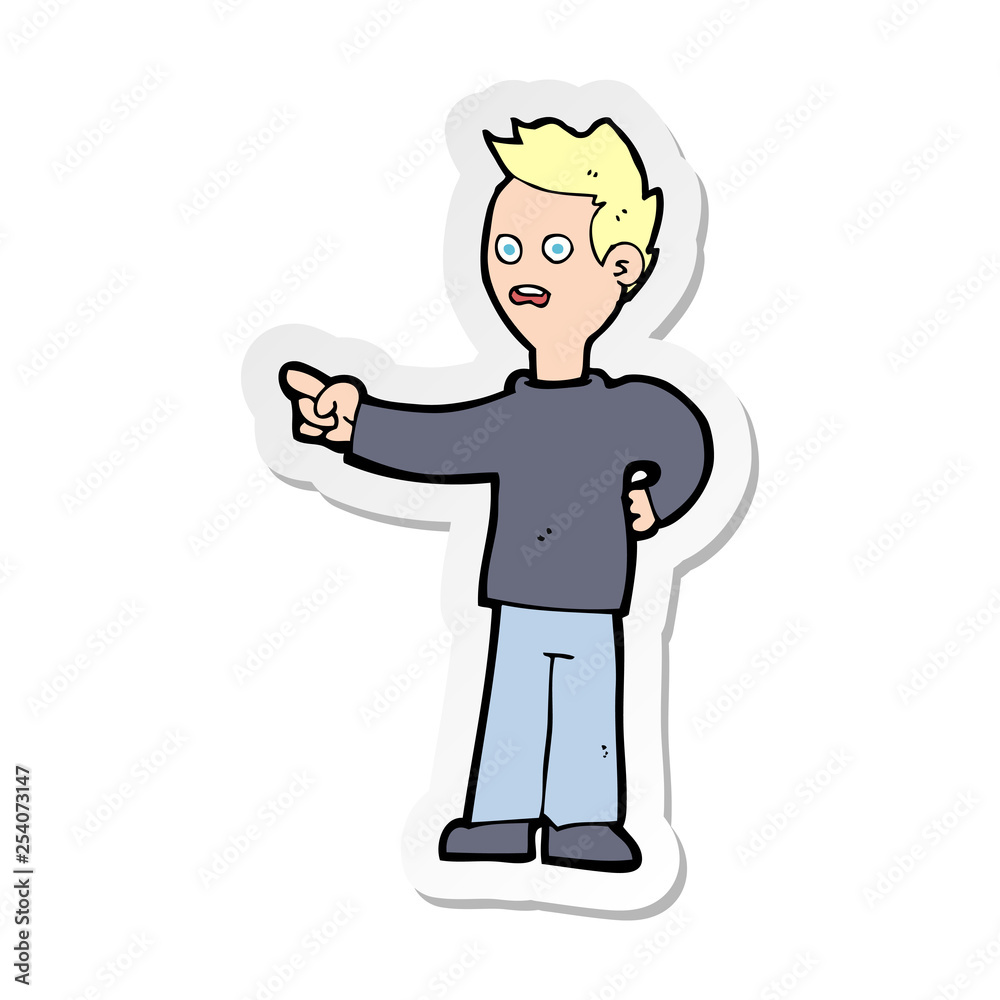 sticker of a cartoon shocked boy pointing