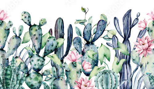 Watercolor cacti, seamless border, hand drawn flower illustration. Perfect for floral design greeting card, blog, site, banner, wedding invitation. Isolated on white. Cacti collection.