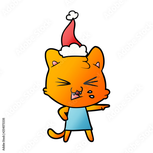 gradient cartoon of a hissing cat wearing santa hat