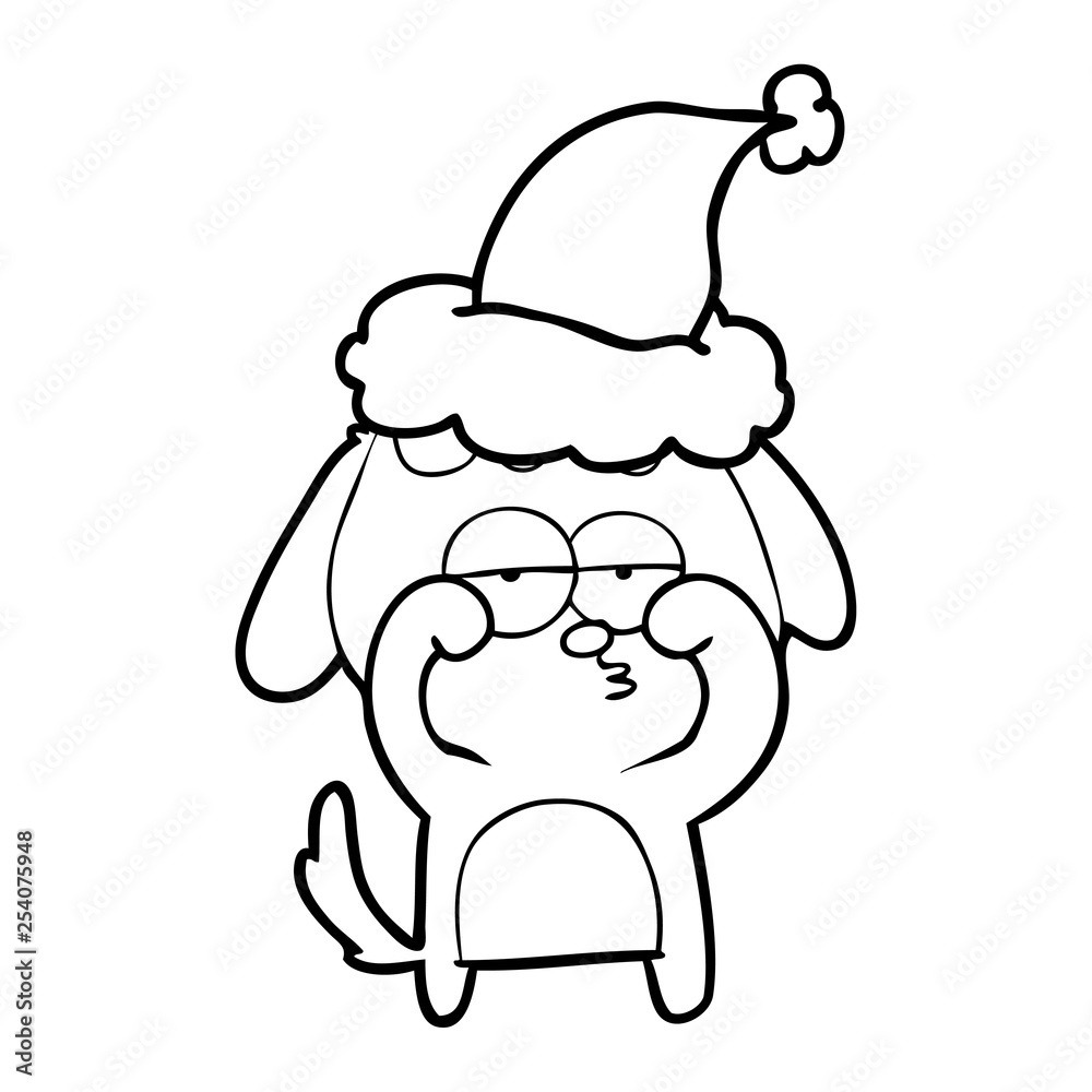 line drawing of a tired dog wearing santa hat line drawing of a tired dog wearing santa hat