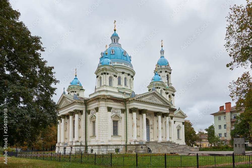 Trinity Cathedral in Sumy, Sumska oblast, Ukraine. Religious building, Orthodox Christian cathedral with blue domes.