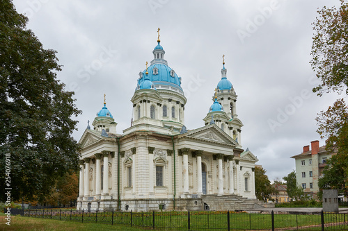 Trinity Cathedral in Sumy, Sumska oblast, Ukraine. Religious building, Orthodox Christian cathedral with blue domes.