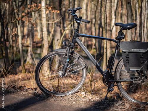 Obraz na płótnie Bicycle on the trail in the forest, autumn season. w salonie