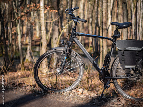 Bicycle on the trail in the forest, autumn season.